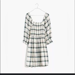 Madewell Lucie Elbow-Sleeve Smocked Mini Dress in Lebaum Plaid, M